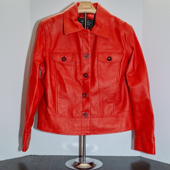 Vintage Terry Lewis Genuine Leather Jacket Red Button Front Women’s M - Picture 1 of 5